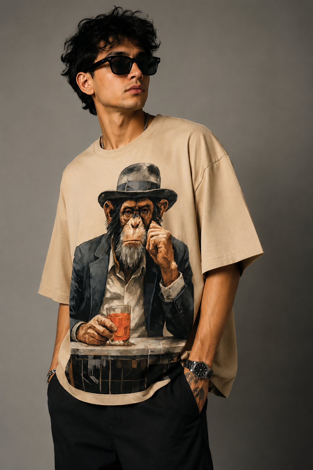 Oversized Chilling Monkey Print T-Shirt – Unisex Casual Wear