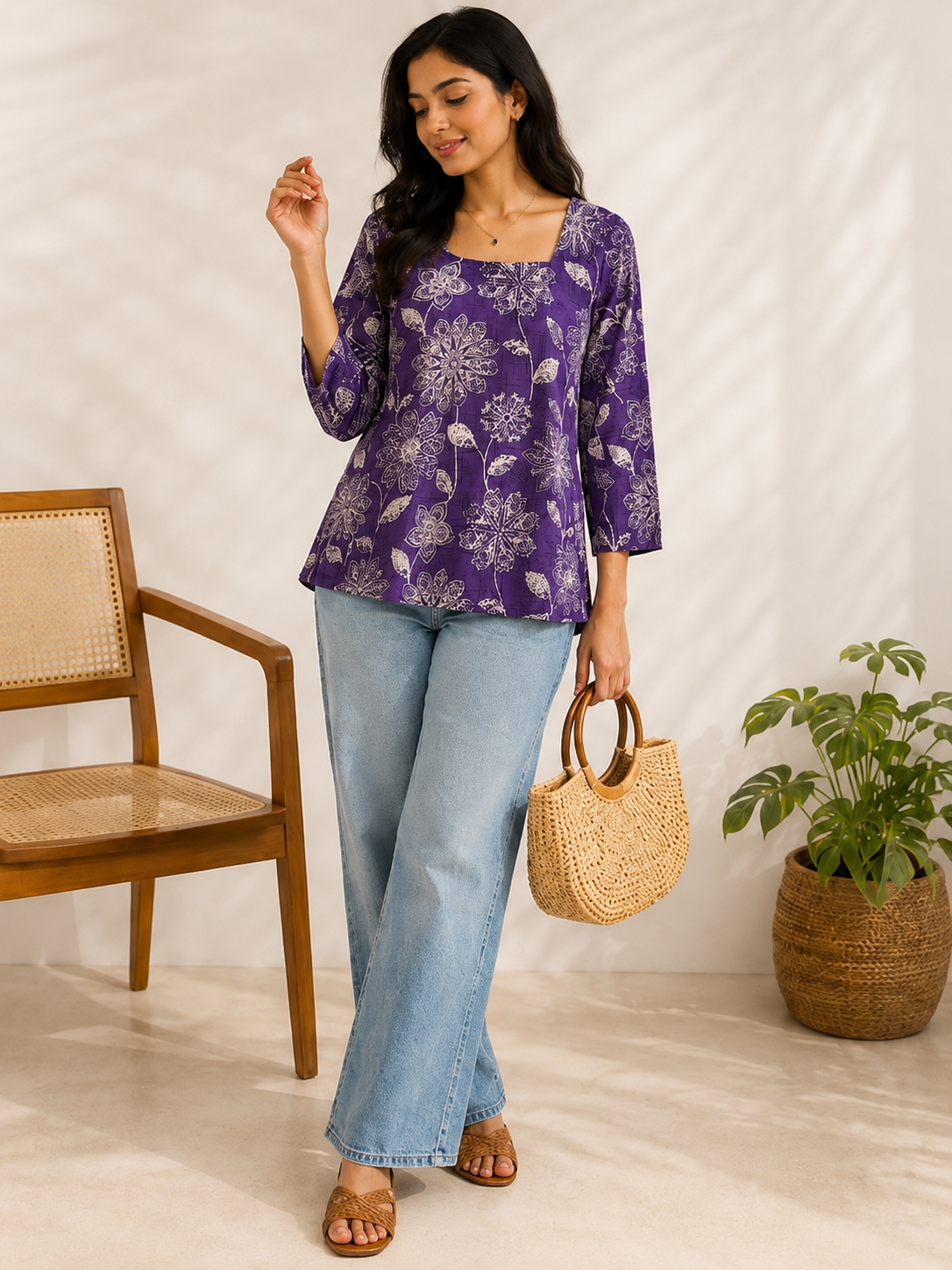 Floral Print Square Neck Top