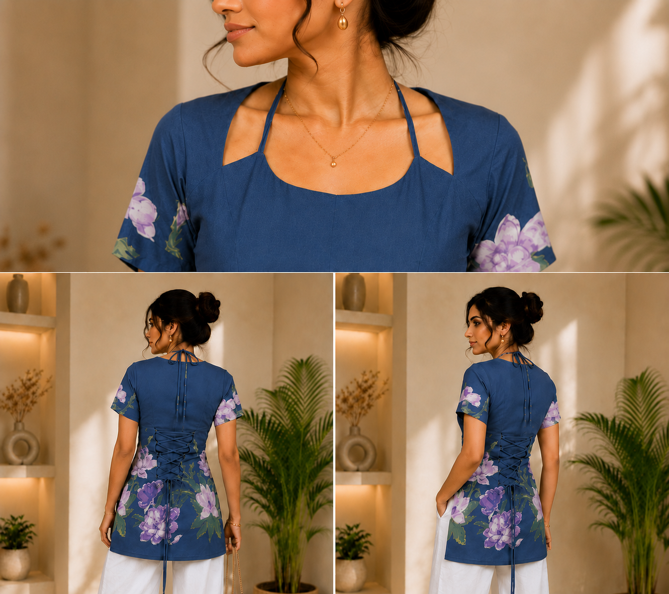 Floral Lace-Up Back Indo-Western Top
