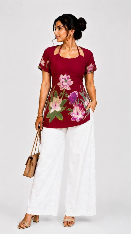 Mastani Floral Lace-Up Red-Western Top