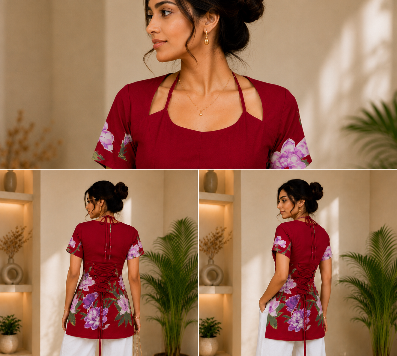 Floral Lace-Up Back Indo-Western Top